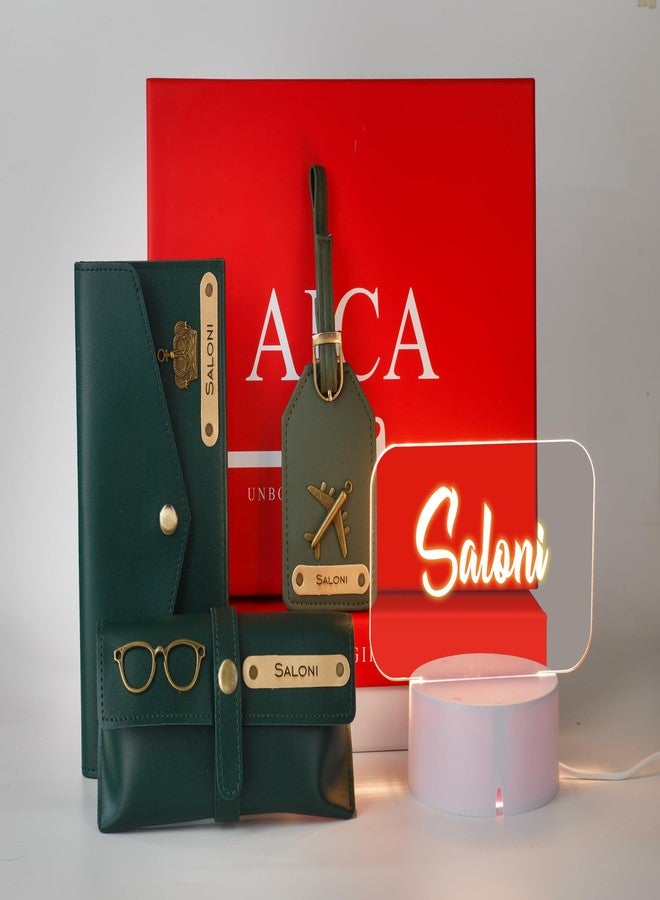 AICA Plastic Personalized Name Womens Combo Led Lamp Giftset 4Pcs (DarkGreen) | Customized Wedding Anniversary Birthday Engagement Gift for Wife Bride Bridemaids - Image 1